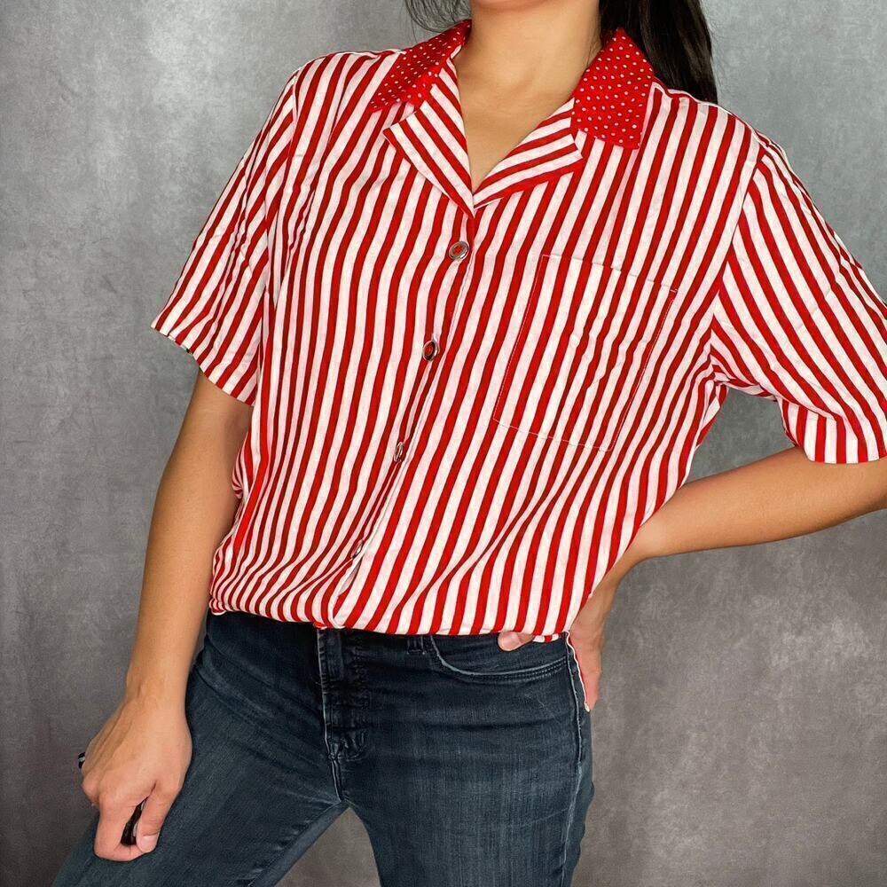 Vintage Leslie Fay Candy Stripe Polka Dot Shirt Womens Medium Retro Red White